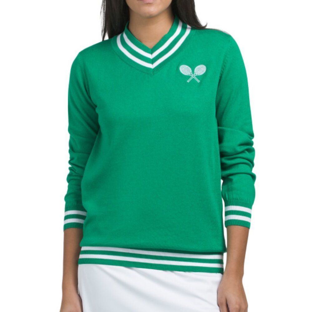 S, The Bubble Green V-Neck Sweater with Tennis Racquet Embroidery, Small, NWT